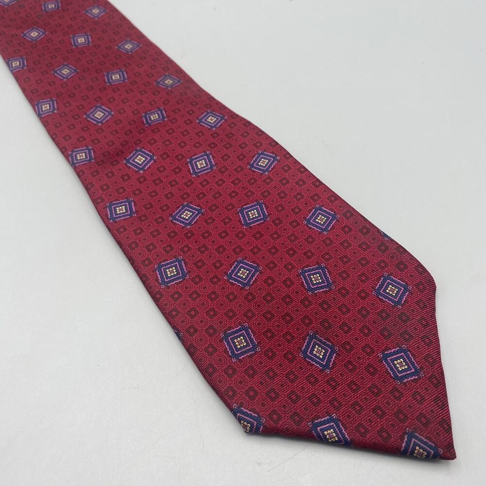 Liberty Of London Red‎ Geometric Tie 100% Silk Necktie Squares Maroon USA